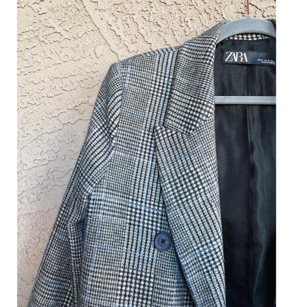 ZARA Gray & Blue Checkered Plaid Houndstooth Double Breasted Soft Faux Wool Coat - Picture 9 of 11